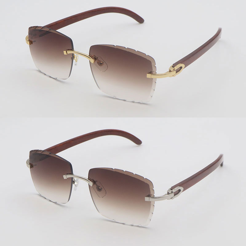 Designer Diamond Cut Lens Wooden 3524012 Rimless Mens Sunglasses for women Large Square Wood Sun Glasses Luxury Decoration Lentes de Sol Mujer Size 58MM