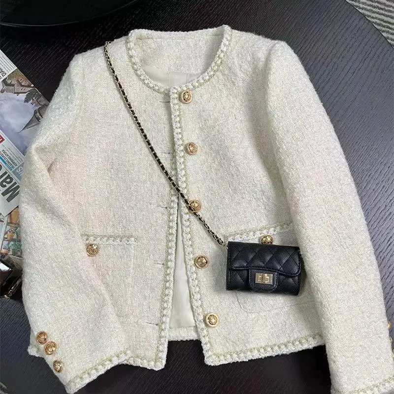 womens suits blazers spring autumn women tweed jacket round neck woolen temperament korean chic short coat blazer outerwear 231204