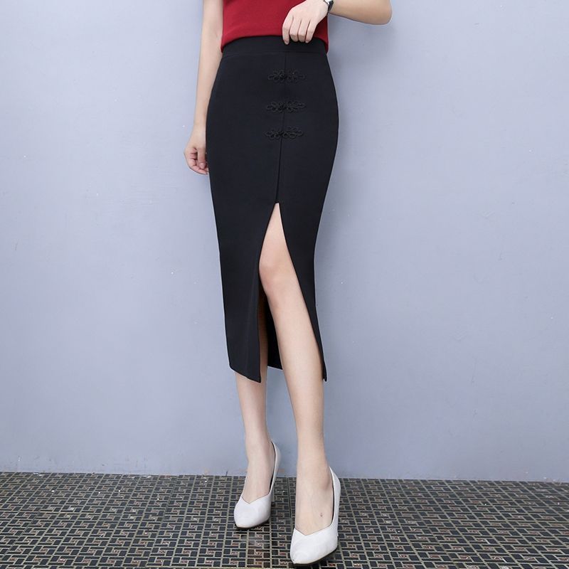 Vintage Black Short skirt Spring Sexy Split Chinese-Style High Waist Hip Skirt Mid-Length Pencil 905J 210420