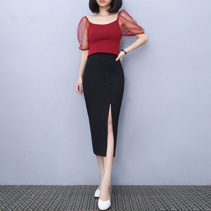 Vintage Black Short skirt Spring Sexy Split Chinese-Style High Waist Hip Skirt Mid-Length Pencil 905J 210420