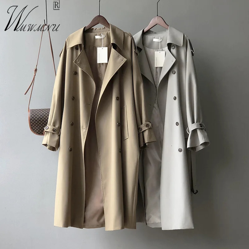 Women's Trench Coats Classic Khaki Long Trench Coats Women Oversize Korean Fashion Belt Windbreaker Fall Spring Overcoat Double Breasted Gabardin