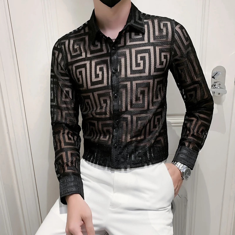 Men's Casual Shirts Autumn Sexy Transparent Lace Shirt Men Clothing Simple All Match Slim Fit Long Sleeve Club/Prom Tuxedo Chemise Homme 4XL 2312