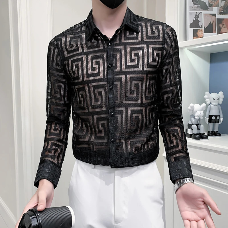 Men's Casual Shirts Autumn Sexy Transparent Lace Shirt Men Clothing Simple All Match Slim Fit Long Sleeve Club/Prom Tuxedo Chemise Homme 4XL 2312