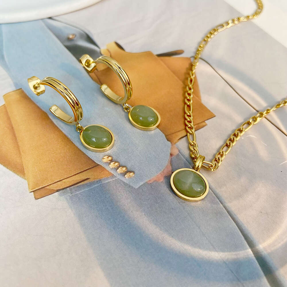 Green Aventurine Jade Round Pendant Figaro Chain Stainless Steel Necklace Earrings Set Vintage Gold Plated Jewelry for Women