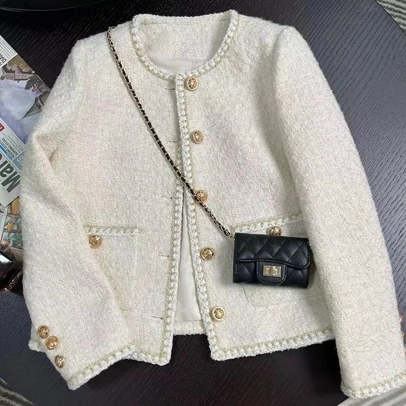 womens suits blazers spring autumn women tweed jacket round neck woolen temperament korean chic short coat blazer outerwear 231204