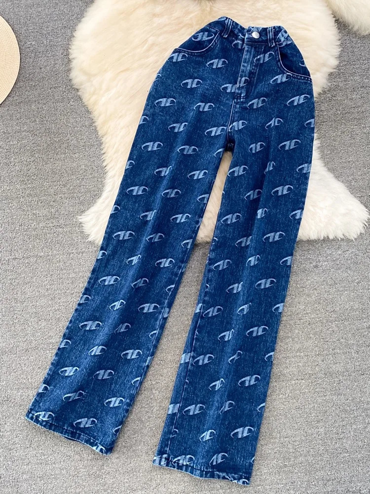 Women's Pants s Fashion Set Retro American Style Bra Denim Tank Top Two Piece Casual High Waist Slim Straight Trouser 231205