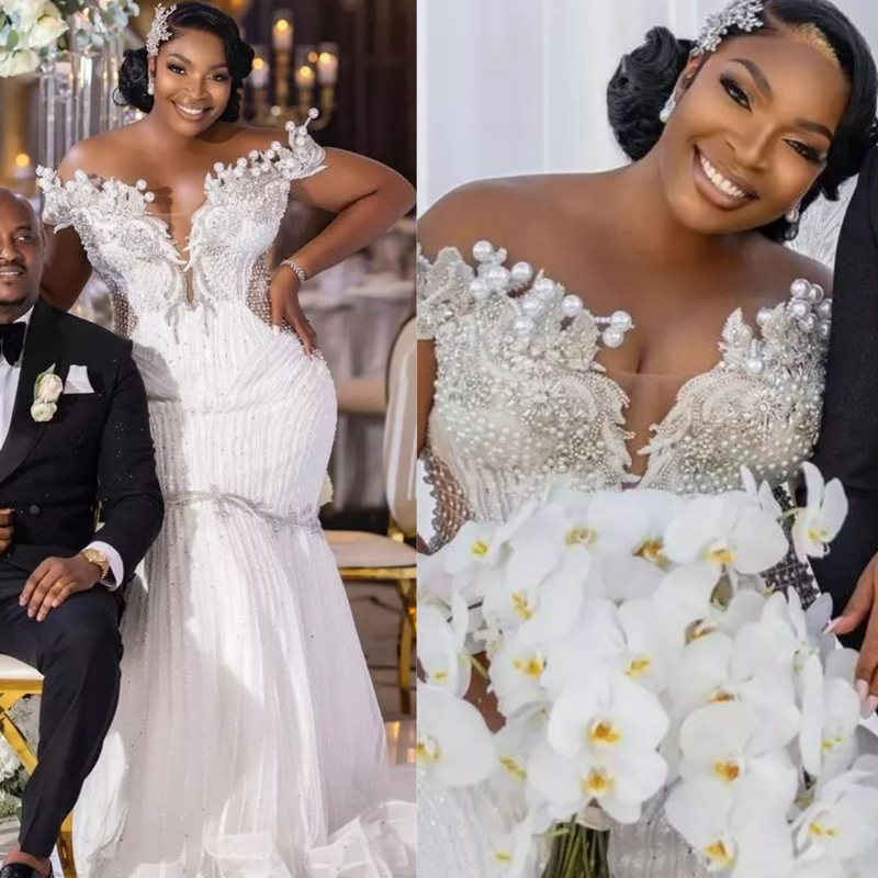 Luxurious Mermaid Wedding Dresses Off Shoulder Sparkling Lace Pearls Beaded Bridal Gowns Elegant for Bride African Black Women Country Style Chapel Dr