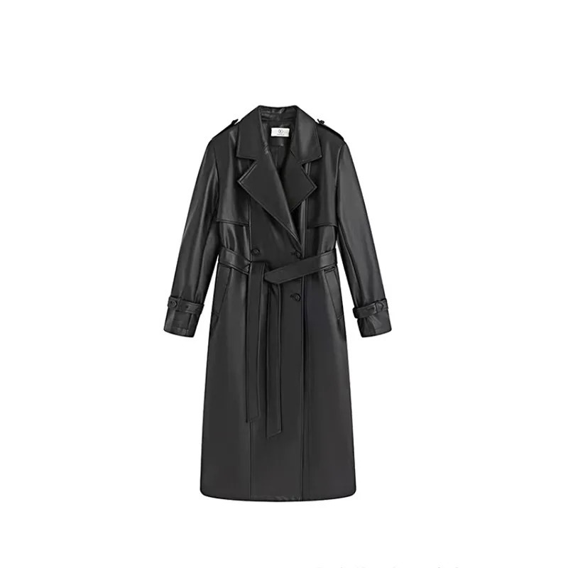Women's Trench Coats High Fashion Women Long Sleeve PU Trench Coats Long Overcoat Vintage Leather Windbreaker Outerwear Autumn Winter Belt Jacket