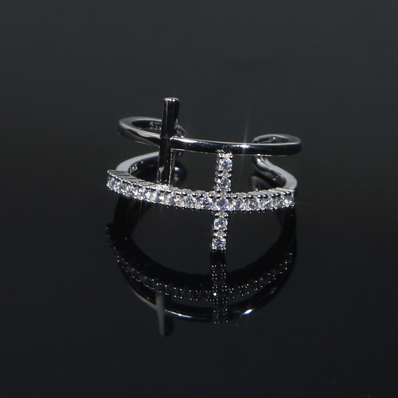 Sterg Sier Double Cross Ring: Open Adjustable Cubic Zirconia Ring for Women