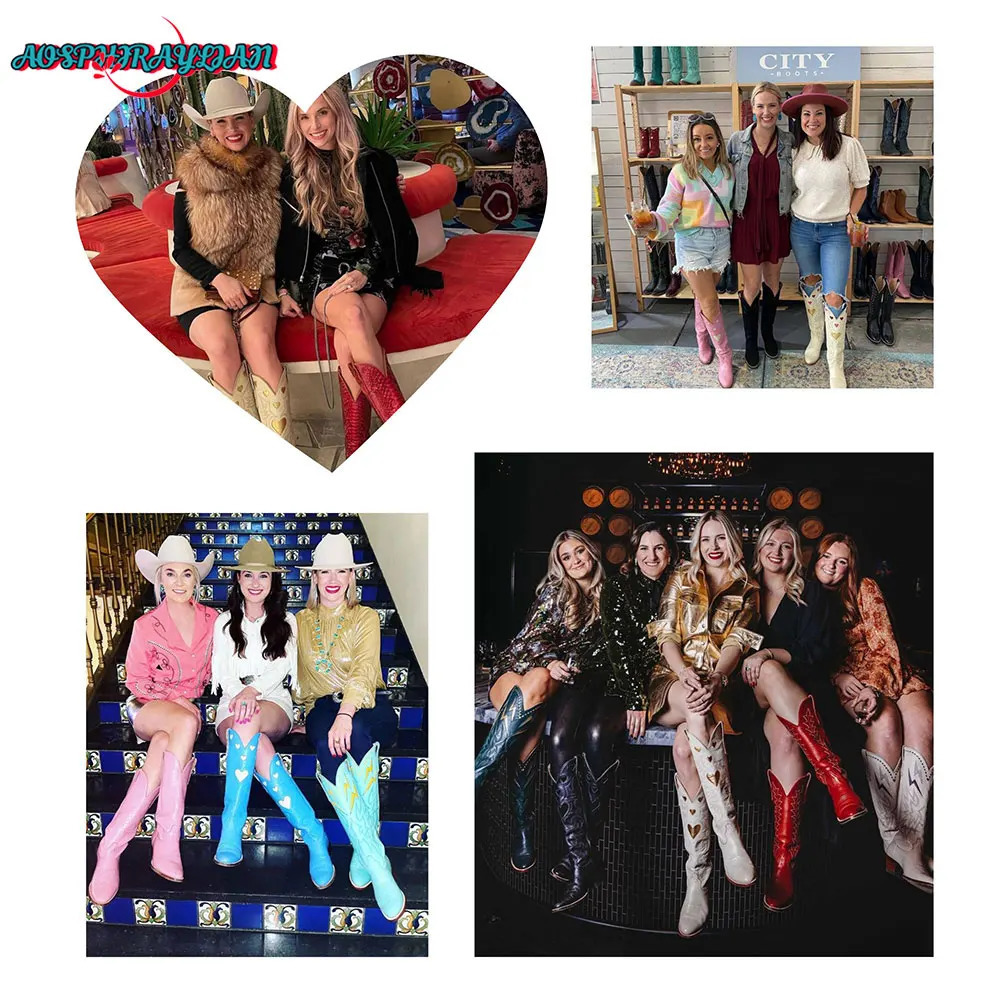 AOSPHIRAYLIAN Pink Heart Shape Knee High Cowboy For Women Retro Patchwork Sewing ral Western Boots Shoes 231204 7424