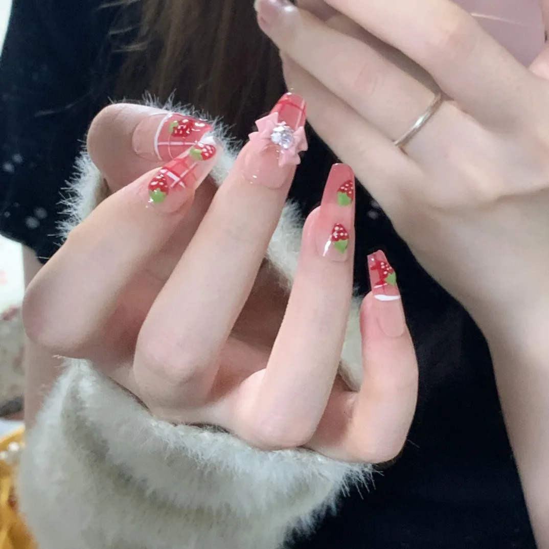 False Nails Handmade Press On with Medium Length Blush Strawberry Fresh Bowknot for Lovely Style In Emmabeauty StoreNoEM240 231204