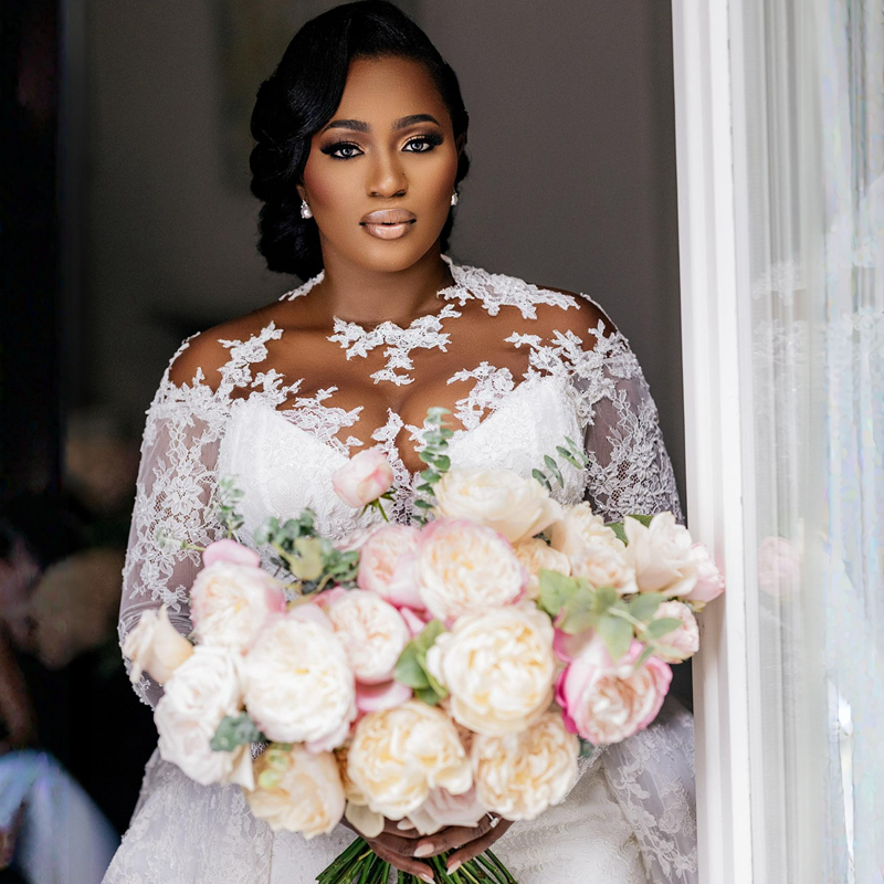 R&W Plus Size Modest Mermaid Wedding Dresses Long Sleeves Lace Bridal Dress With Detachable Train Elegant Gowns for Bride African Black Women Country 