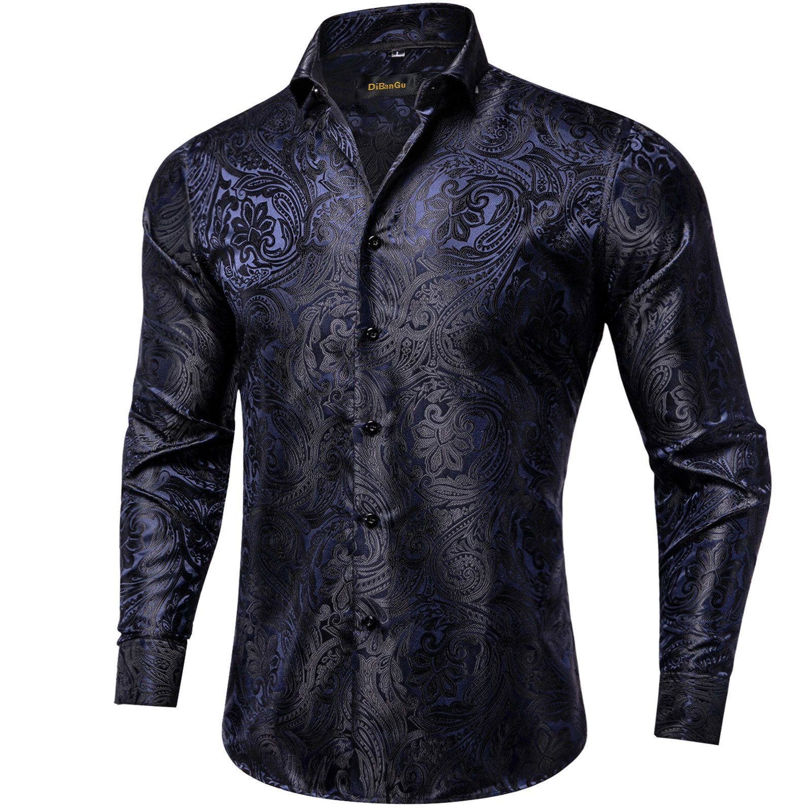 Men's Casual Shirts Blue Black Paisley Silk Shirts for Men Long Sleeve Wedding Party Prom Tuxedo Dress Shirt Casual Clothing 231205