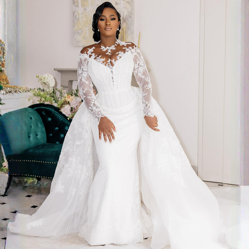 R&W Plus Size Modest Mermaid Wedding Dresses Long Sleeves Lace Bridal Dress With Detachable Train Elegant Gowns for Bride African Black Women Country 
