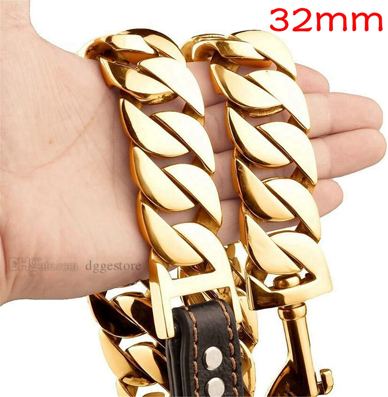 free shipping Dog Leashes Metal Chew Proof 14/19/32MM Heavy Duty Pet Leash Chain with Leather Padded Handle for Large Medium Small Dogs(Total Length o