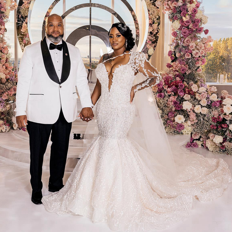 Luxurious Mermaid Wedding Dresses One Shoulder Long Sleeves Lace Sparkling Bridal Gowns Elegant for Bride African Black Women Country Style Chapel Dre