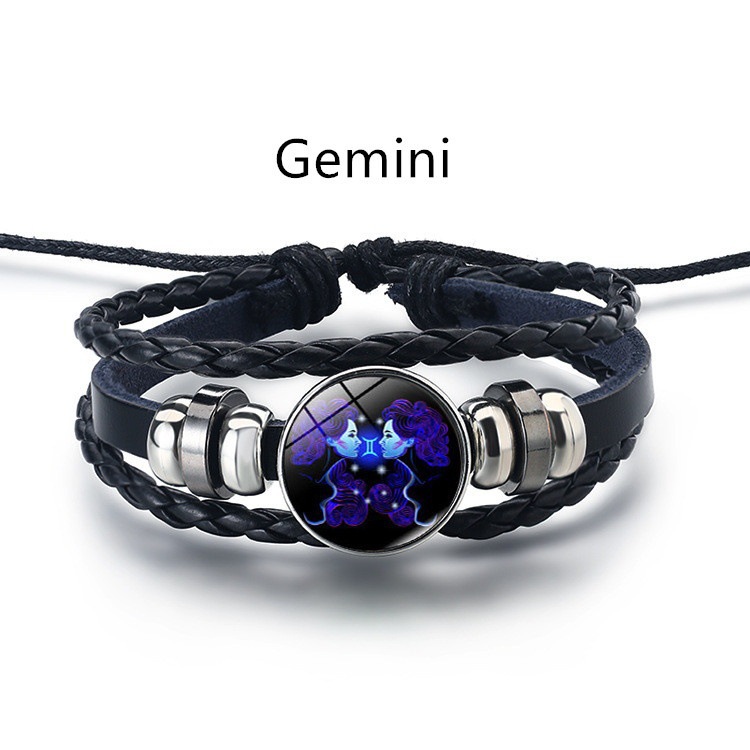 12 Zodiac Constellation Luminous Charm Bracelet for Men Women Leather Braided Rope Bracelet Bangle Wristband Adjustable Horoscope Hand Chain Wholesale