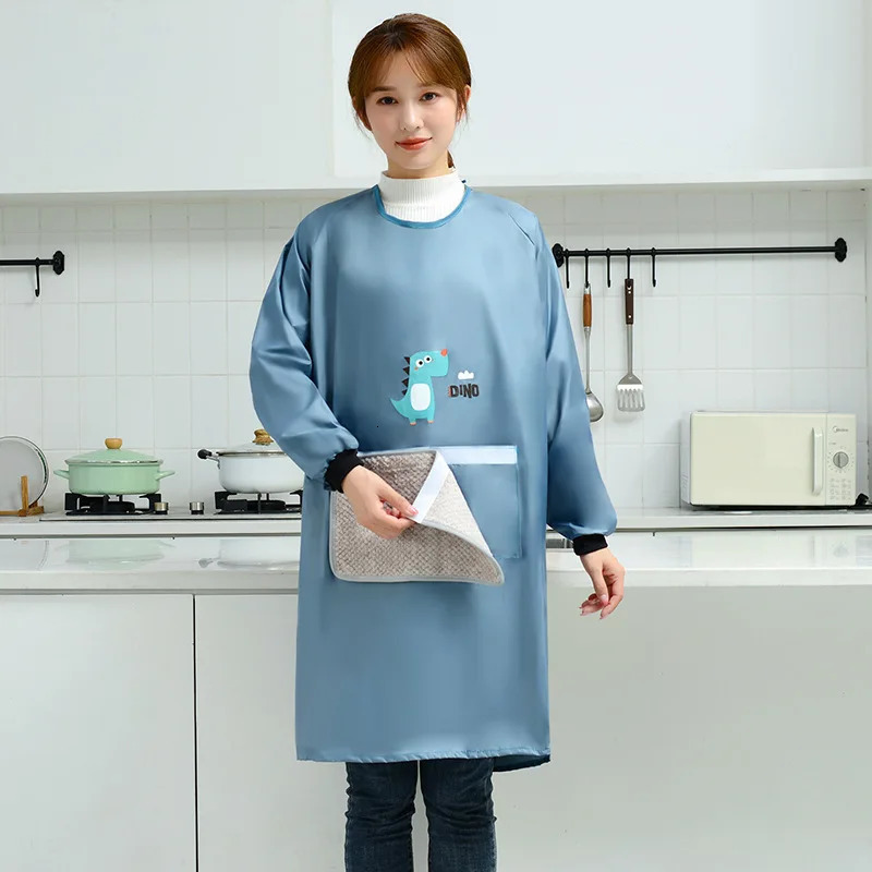 Aprons Korean Version Of Apron Wholesale Long Sleeve Home Kitchen Waterproof And Oil-proof Women's Cooking Pvc Cover Clothing 231204