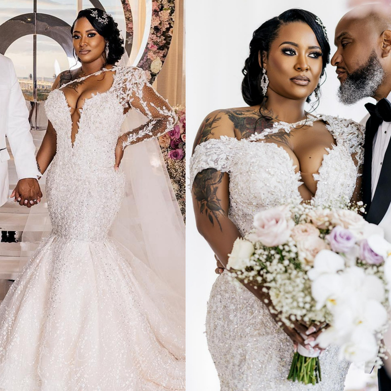 Luxurious Mermaid Wedding Dresses One Shoulder Long Sleeves Lace Sparkling Bridal Gowns Elegant for Bride African Black Women Country Style Chapel Dre