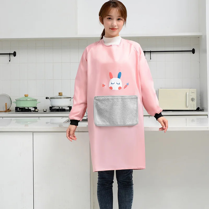 Aprons Korean Version Of Apron Wholesale Long Sleeve Home Kitchen Waterproof And Oil-proof Women's Cooking Pvc Cover Clothing 231204