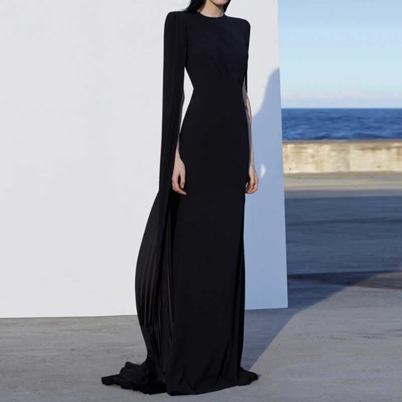 Arabic Dubai Women's Fashion Evening Dress O-neck Patchwork Pleated Spilt Cap Sleeve Slim Princess Prom Gowns Formal Party Wear Robe De Soriee