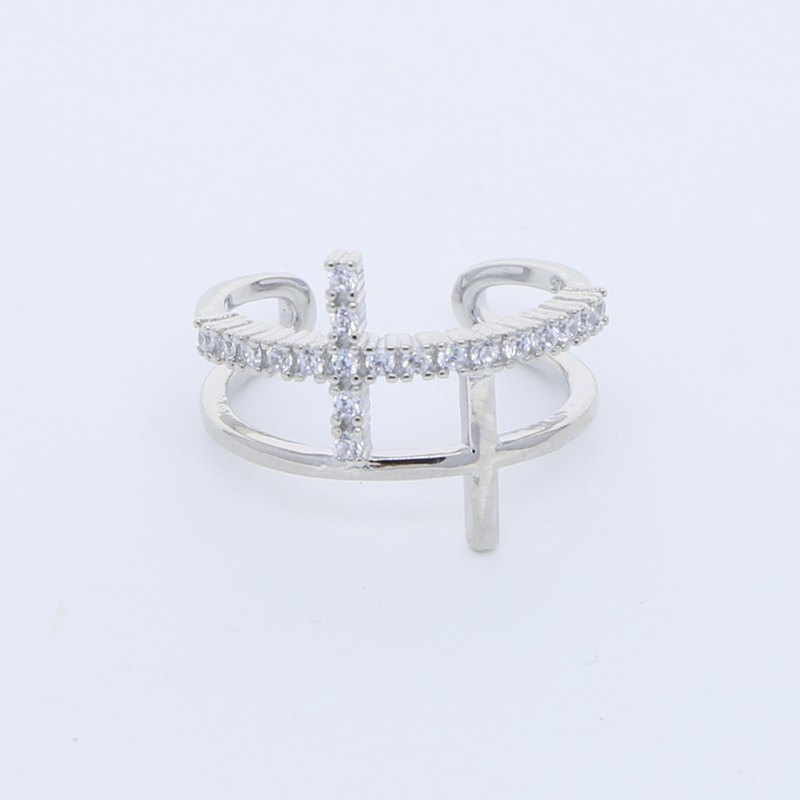 Sterg Sier Double Cross Ring: Open Adjustable Cubic Zirconia Ring for Women