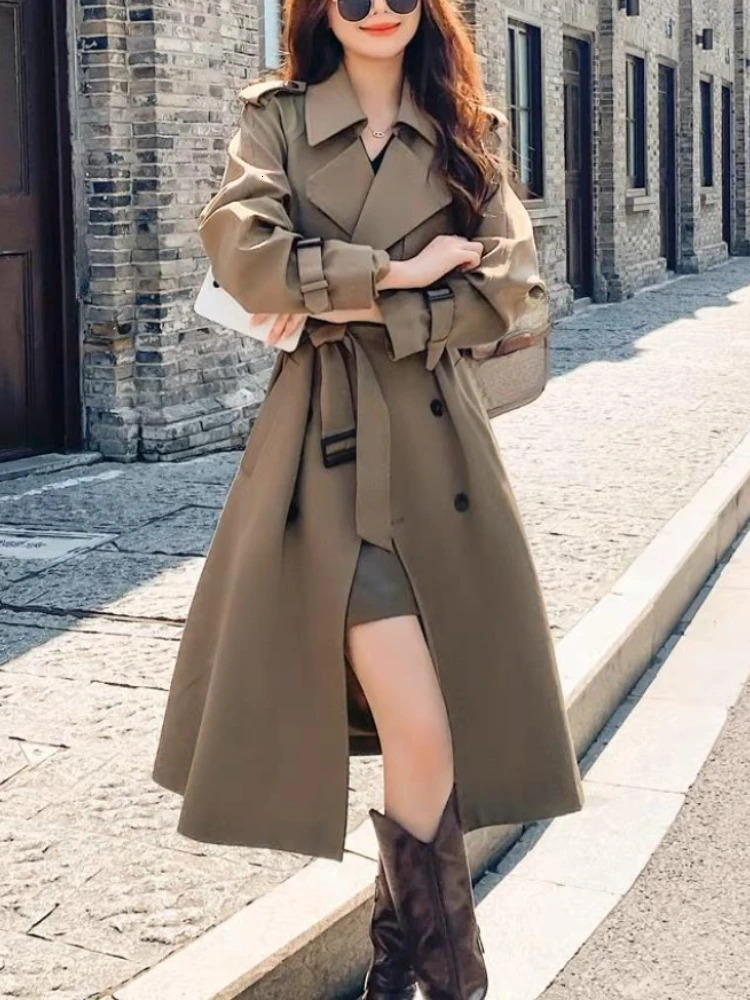 Women's Trench Coats Korean Fashion Trench Coat for Women Casual Long Coat Spring Autumn Elegant Windbreaker Outerwear Long Sleeve Female Jacket 