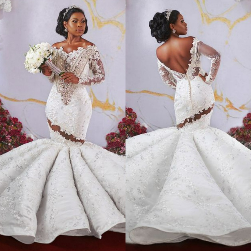 Luxurious Mermaid Wedding Dresses Illusion Off Shoulder Long Sleeves Lace Queen Bridal Gowns Elegant for Bride African Black Women Country Style Chape