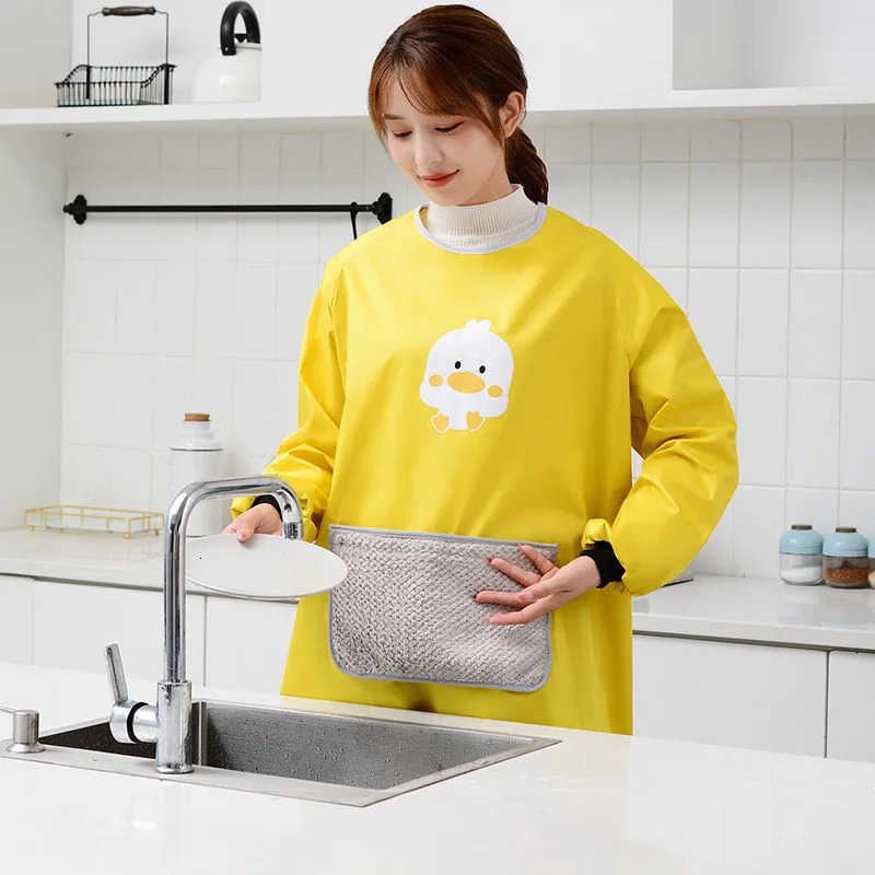 Aprons Korean Version Of Apron Wholesale Long Sleeve Home Kitchen Waterproof And Oil-proof Women's Cooking Pvc Cover Clothing 231204