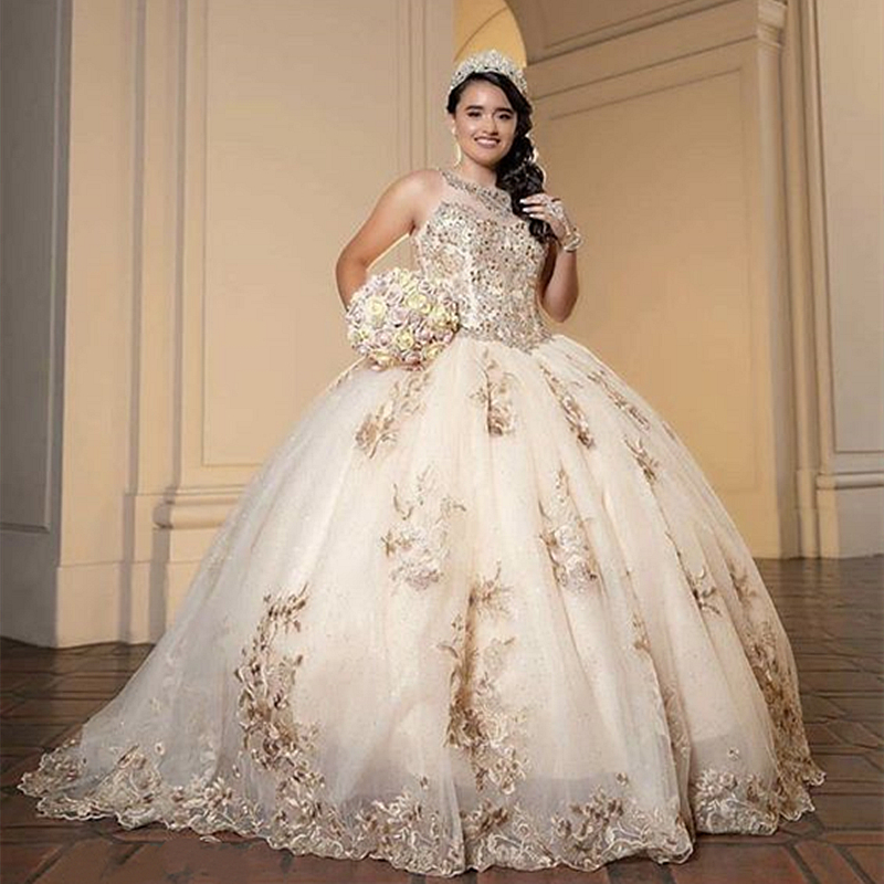 Floral Lace Appliques Gorgeous Quinceanera Dresses Floor Length Sleeveless Jewel Neck Long Princess Sweet 16 Dress 2024 Prom Special Occasion Gown