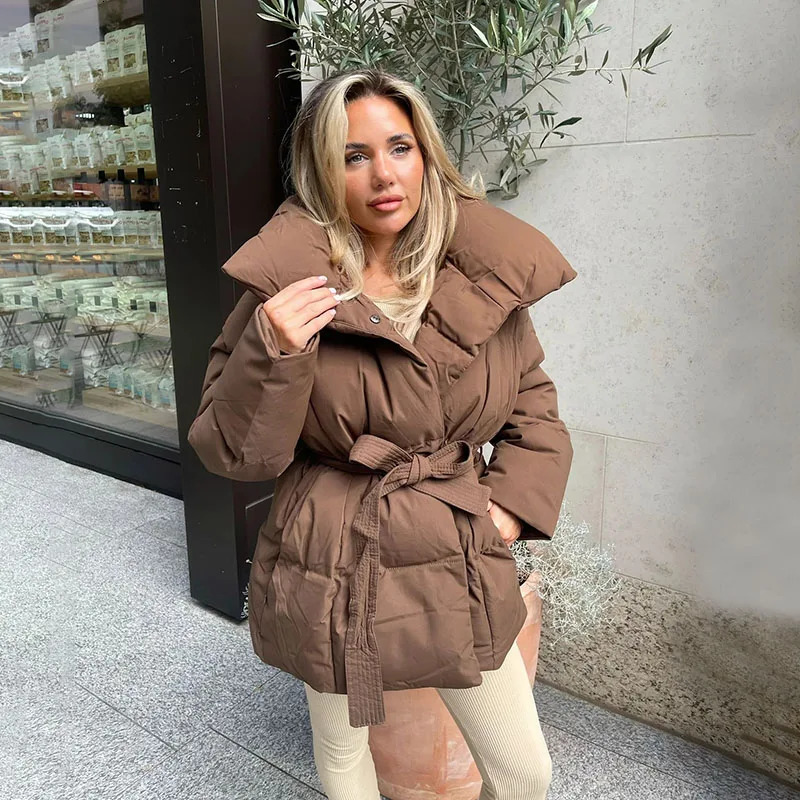 Women's Jackets Fandy Lokar Winter Stand Collar Parkas Women Fashion Tie Waist Short Coats Women Elegant Solid Puffer Jackets Female Ladies 23120
