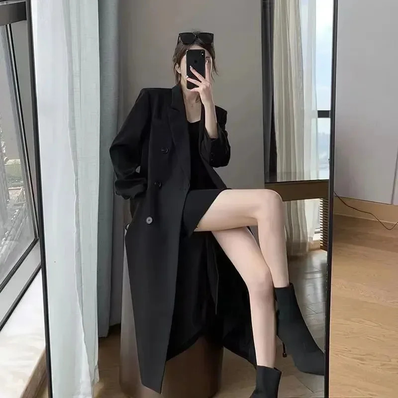 Women's Trench Coats Autumn Fashion Women Suit Long Coats Harajuku Double Breasted Solid Long Windbreaker Elegant Office Lady Solid All Match Jac
