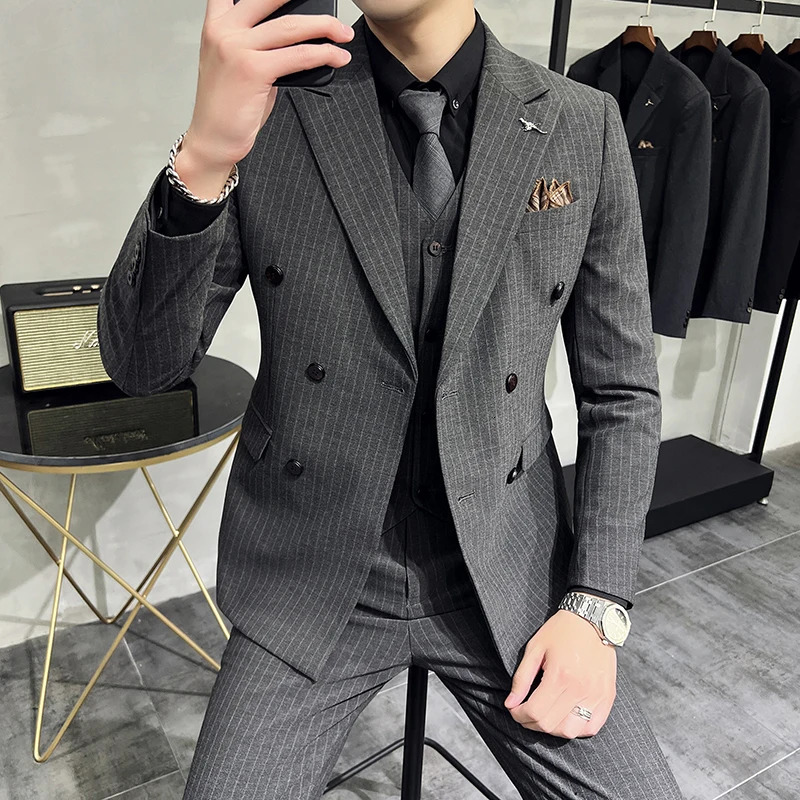 Men's Suits Blazers BlazerVestPants Groom Wedding Male Suit Fashion Striped Men's Casual Business Office Double Breasted Suit 231205