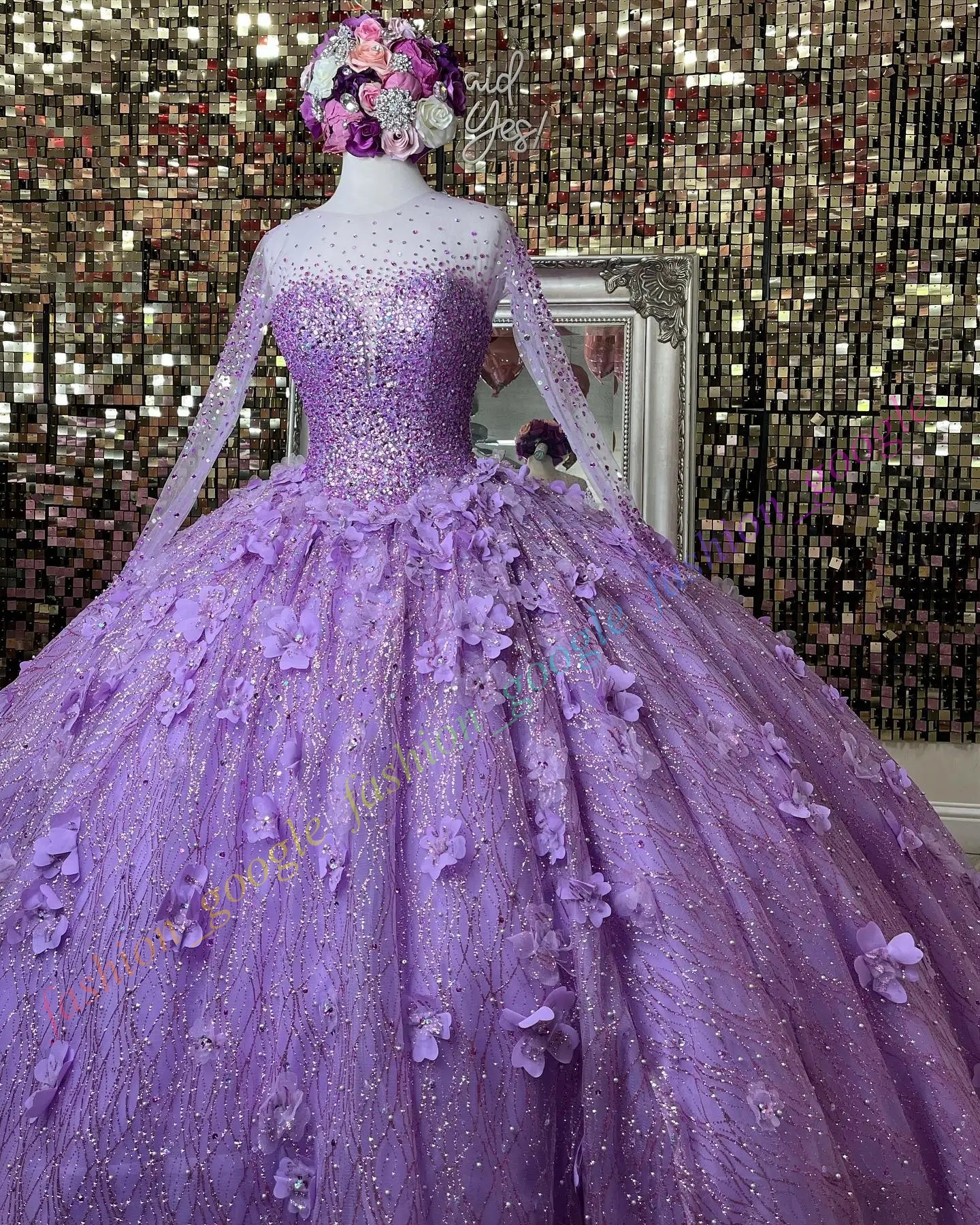 Shimmering Quinceanera Dress Illusion Sleeves Debutante Ball Mexican Quince Sweet 15/16 Birthday Party Gown for 15th Girl Drama Winter Formal Prom Gal