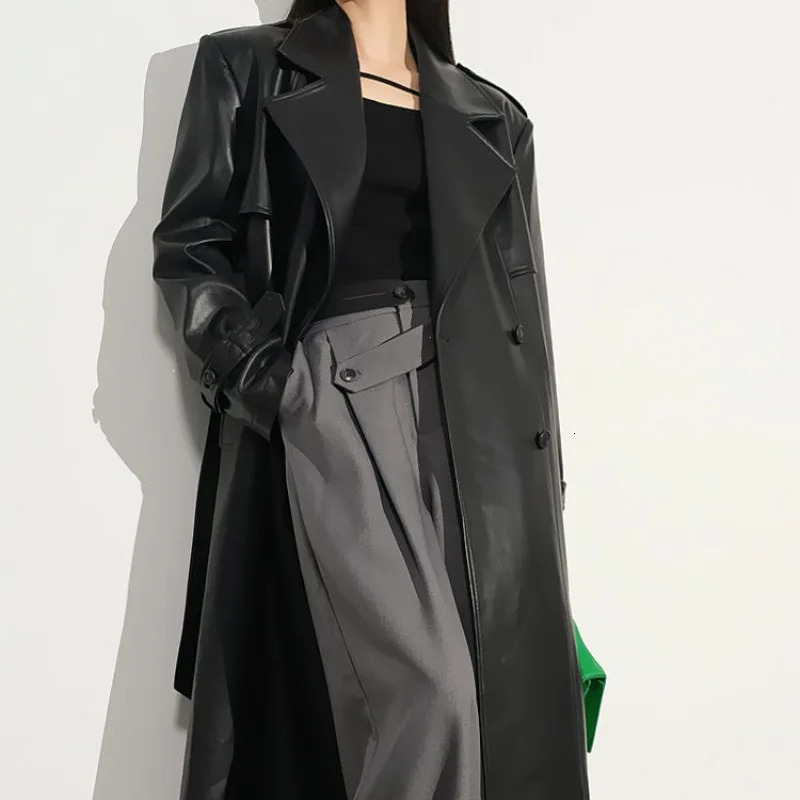 Women's Trench Coats High Fashion Women Long Sleeve PU Trench Coats Long Overcoat Vintage Leather Windbreaker Outerwear Autumn Winter Belt Jacket