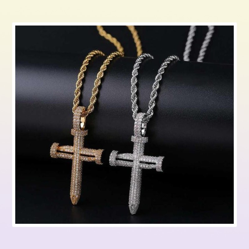 hip hop nail cross diamonds pendant necklaces for men luxury crystal pendants copper zircons 18k gold platinum plated lovers chain