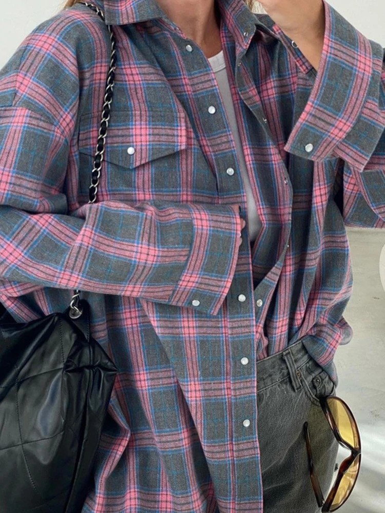 Basic Casual Dresses Mueyaruho 2023 Autumn Winter Women Oversized Plaid Shirt Vintage Long Sleeve Loose Fit Blouse For Woman 231204