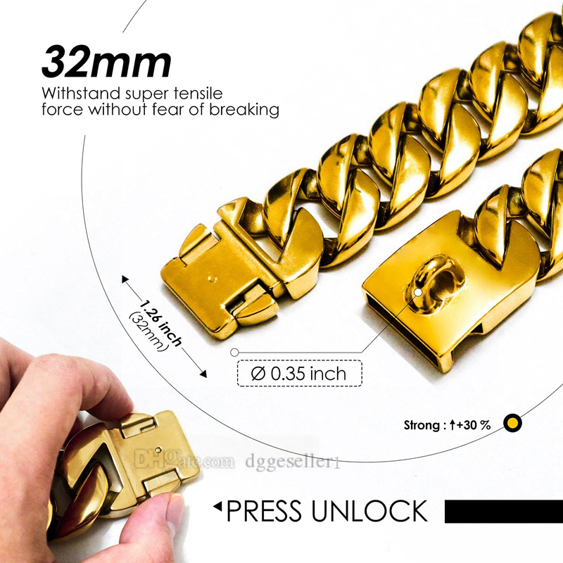 Big Chain Collars 32MM Thick Dog Cuban k Strong Metal Collar with Buckle Solid 316L Stainless Steel Gold Pet Necklet for Large Dogs 20in B155