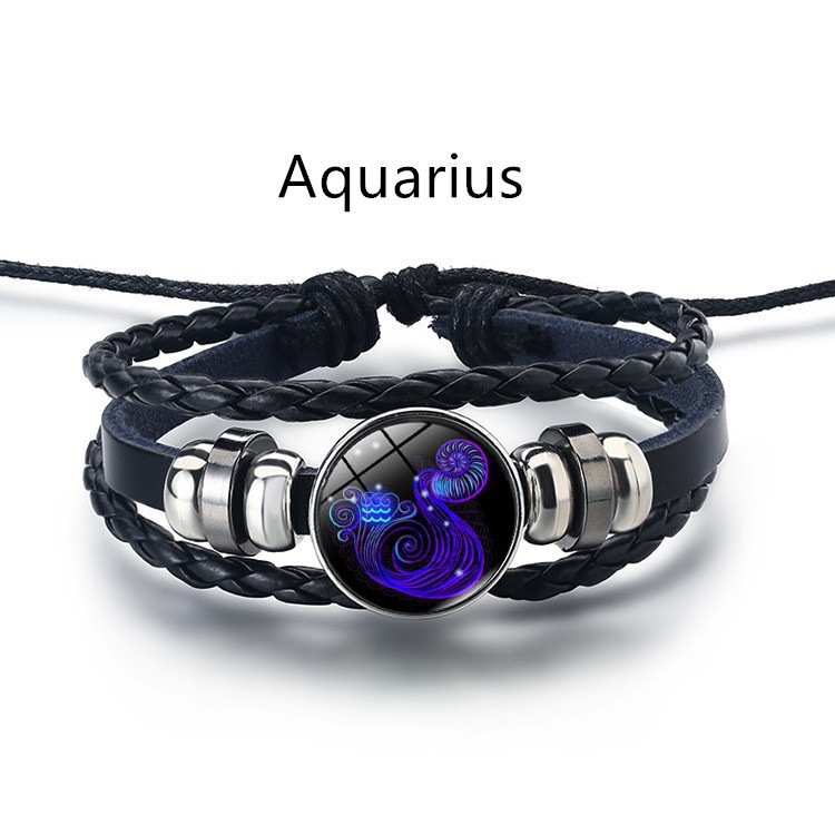 12 Zodiac Constellation Luminous Charm Bracelet for Men Women Leather Braided Rope Bracelet Bangle Wristband Adjustable Horoscope Hand Chain Wholesale