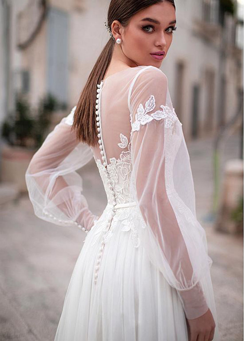 Jewel Hollow Classic Wedding Dresses For Women Covered Button A-Line Fancy Poet Applique Castle Custom Made