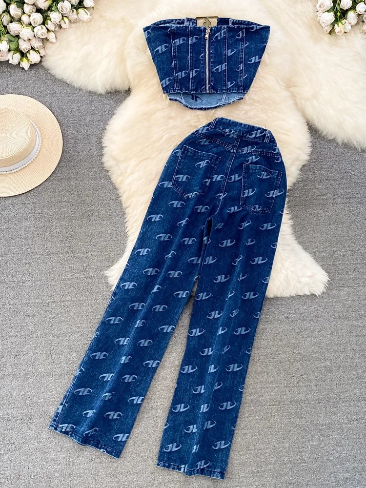 Women's Pants s Fashion Set Retro American Style Bra Denim Tank Top Two Piece Casual High Waist Slim Straight Trouser 231205