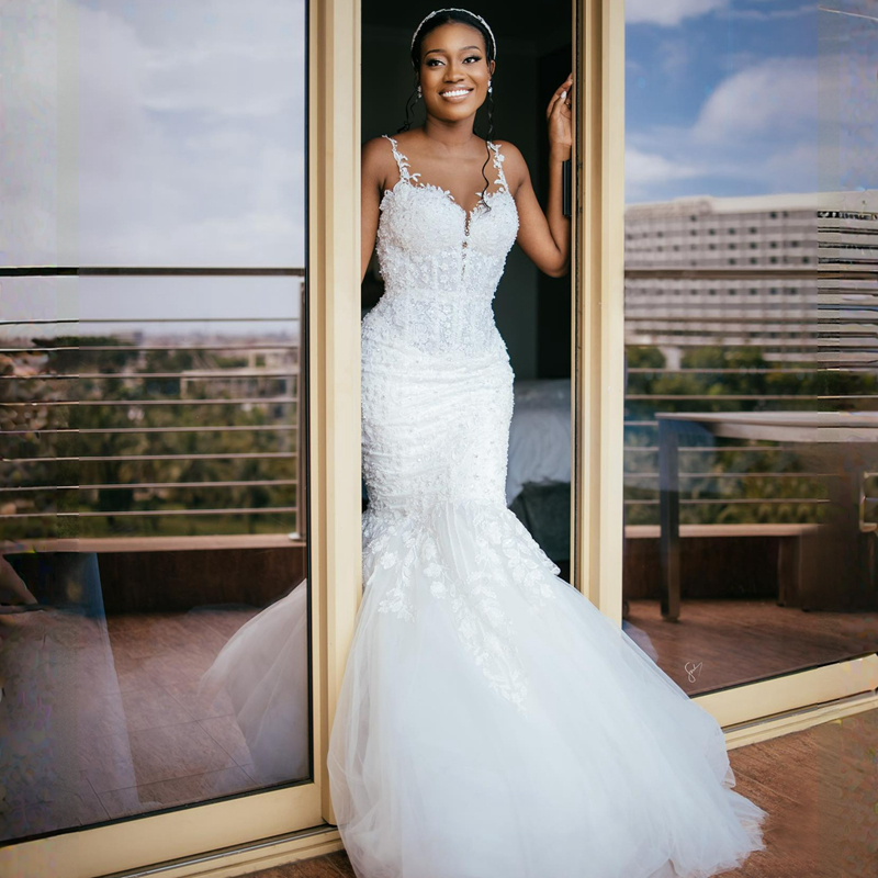 Elegant Mermaid Wedding Dresses Spaghetti Straps Fulllace Appliqued Tiered Tulle Bridal Dress for Birde African Black Women Country Style Chapel Dress
