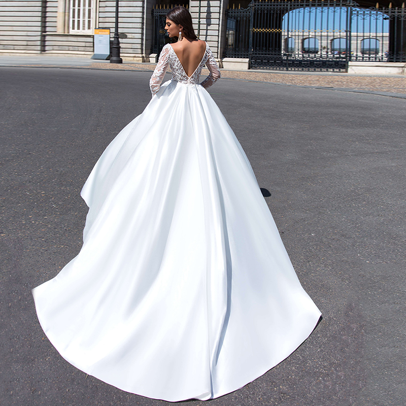 Satin Long Sleeve Wedding Dresses For Women 2023 Bride Deep V-Neck Stylish Detachable Lace Simple Applique Backless A-Line