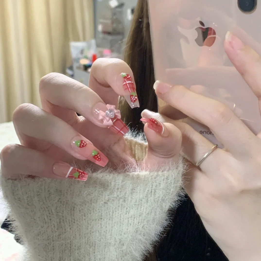 False Nails Handmade Press On with Medium Length Blush Strawberry Fresh Bowknot for Lovely Style In Emmabeauty StoreNoEM240 231204