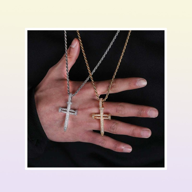 hip hop nail cross diamonds pendant necklaces for men luxury crystal pendants copper zircons 18k gold platinum plated lovers chain