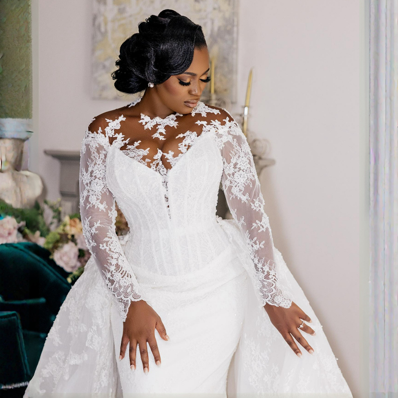 R&W Plus Size Modest Mermaid Wedding Dresses Long Sleeves Lace Bridal Dress With Detachable Train Elegant Gowns for Bride African Black Women Country 