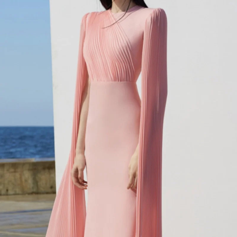 Arabic Dubai Women's Fashion Evening Dress O-neck Patchwork Pleated Spilt Cap Sleeve Slim Princess Prom Gowns Formal Party Wear Robe De Soriee