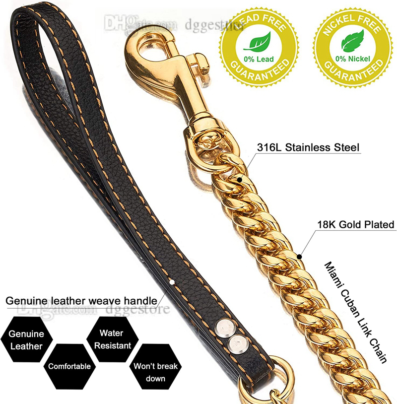 free shipping Dog Leashes Metal Chew Proof 14/19/32MM Heavy Duty Pet Leash Chain with Leather Padded Handle for Large Medium Small Dogs(Total Length o