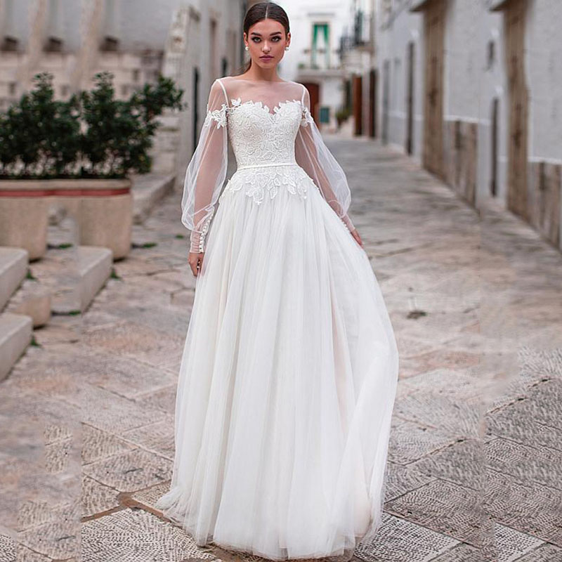 Jewel Hollow Classic Wedding Dresses For Women Covered Button A-Line Fancy Poet Applique Castle Custom Made