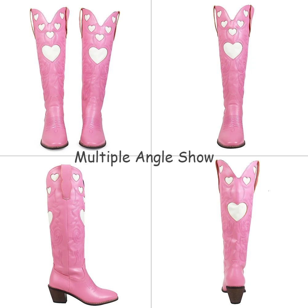 AOSPHIRAYLIAN Pink Heart Shape Knee High Cowboy For Women Retro Patchwork Sewing ral Western Boots Shoes 231204 7424